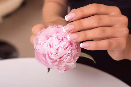 A pretty woman's hand with French tips is holding a flower
